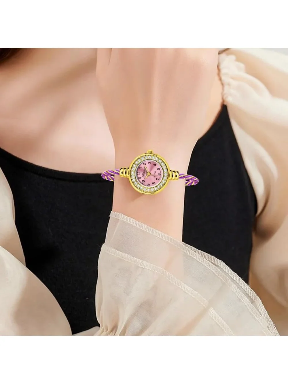 Womens Gold And Black Analog Cable Cuff Arabic Numbers Rhinestone Bracelet Watch
